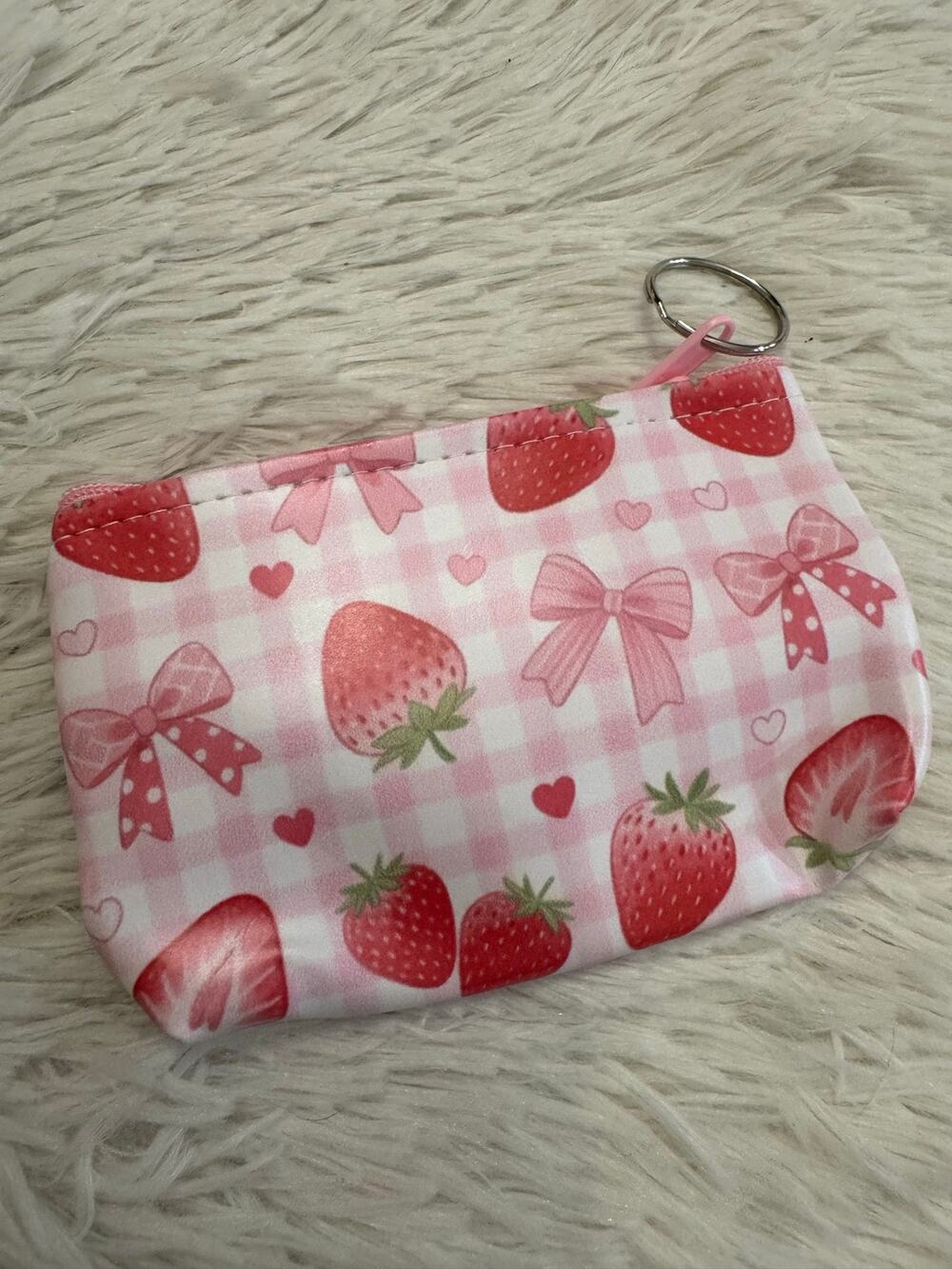 Pink and white gingham coin pouch keychain red strawberries, pink bows hearts